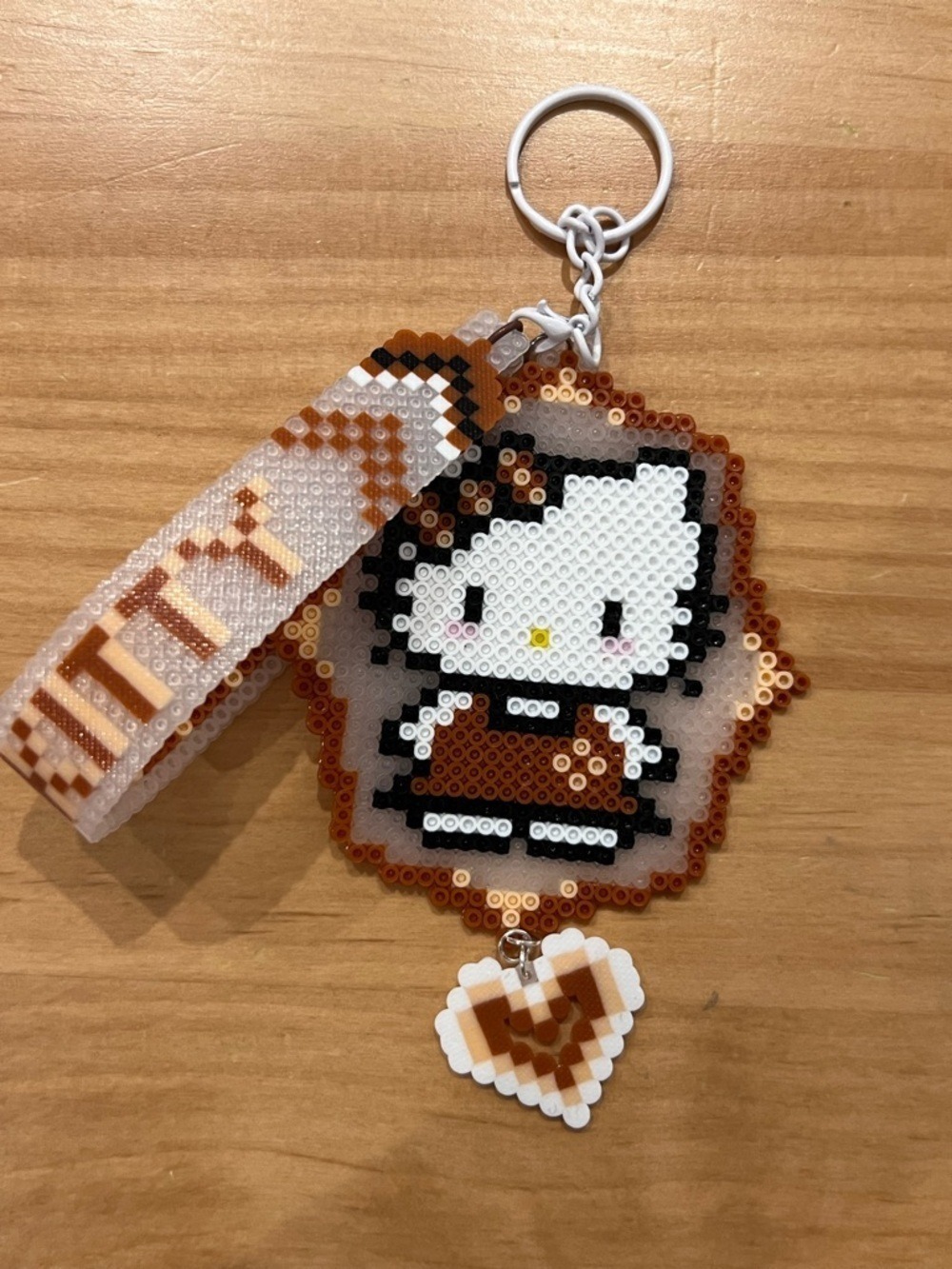 Handmade Perler Bead Hello Kitty Keychain Brown Outfit w Heart Price Firm NEW